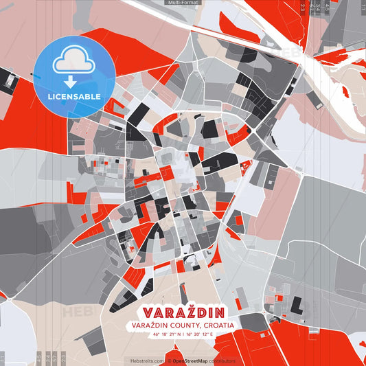 Varaždin, Varaždin County, Croatia - modern street map poster template with gray and red tones