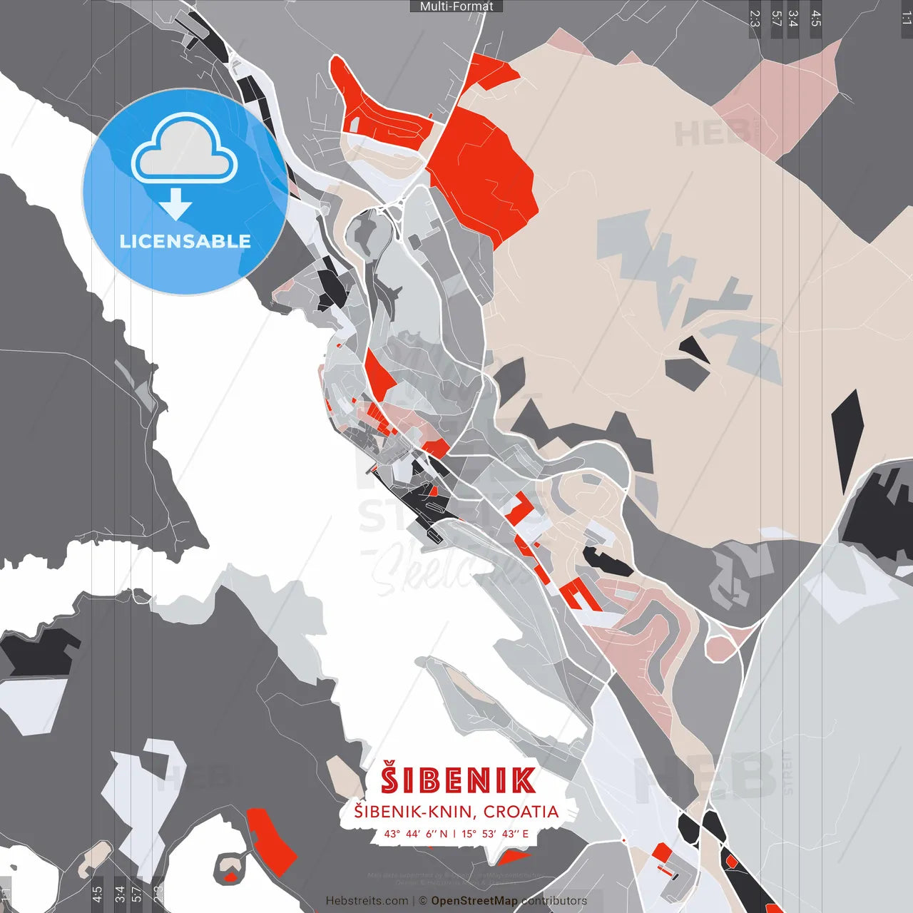 Šibenik, Šibenik-Knin, Croatia - modern street map poster template with gray and red tones