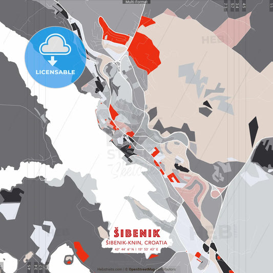 Šibenik, Šibenik-Knin, Croatia - modern street map poster template with gray and red tones