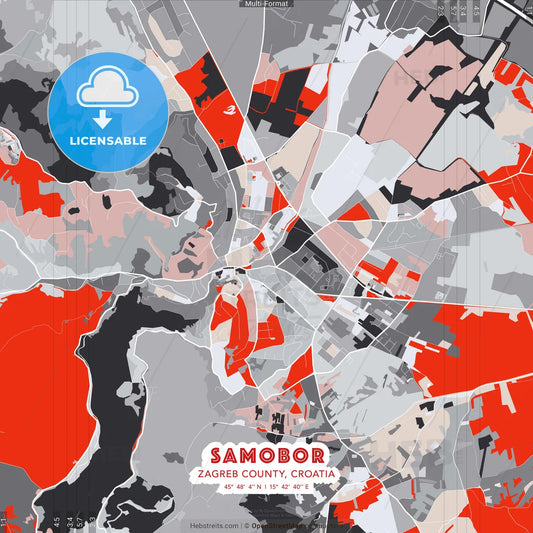 Samobor, Zagreb County, Croatia - modern street map poster template with gray and red tones