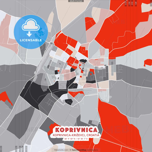 Koprivnica, Koprivnica-Križevci, Croatia - modern street map poster template with gray and red tones