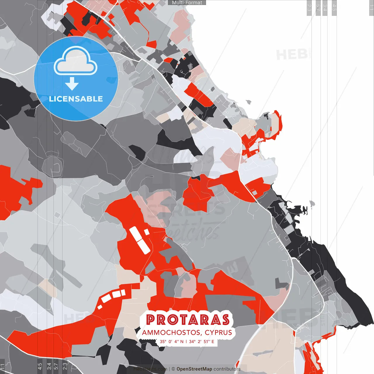 Protaras  , Ammochostos, Cyprus - modern street map poster template with gray and red tones