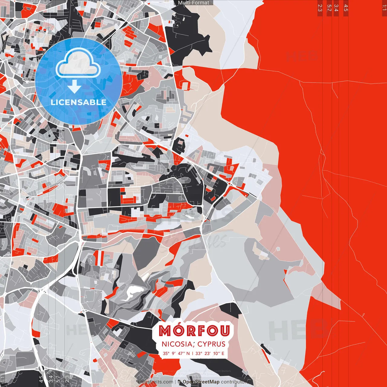 Mórfou  , Nicosia, Cyprus - modern street map poster template with gray and red tones
