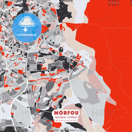 Mórfou  , Nicosia, Cyprus - modern street map poster template with gray and red tones
