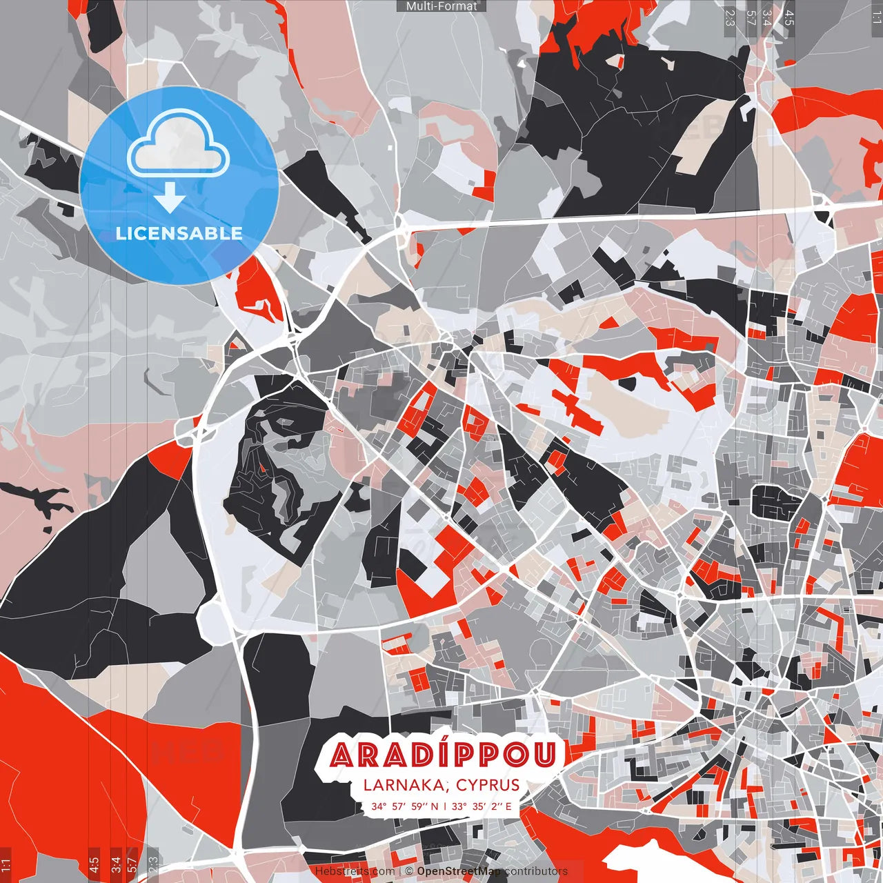 Aradíppou  , Larnaka, Cyprus - modern street map poster template with gray and red tones