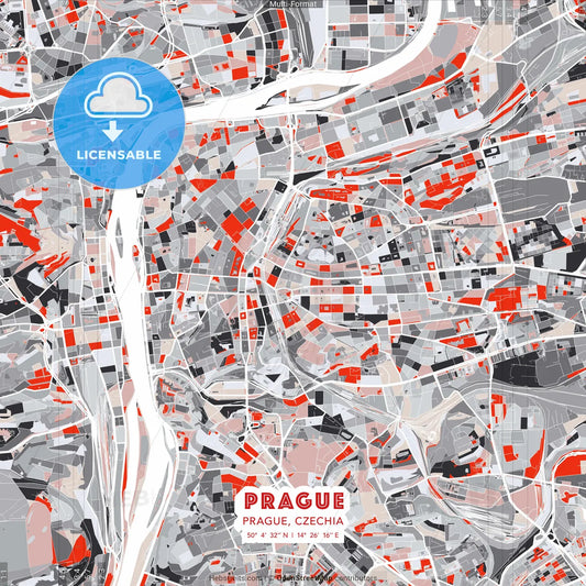 Prague, Prague, Czechia - modern street map poster template with gray and red tones