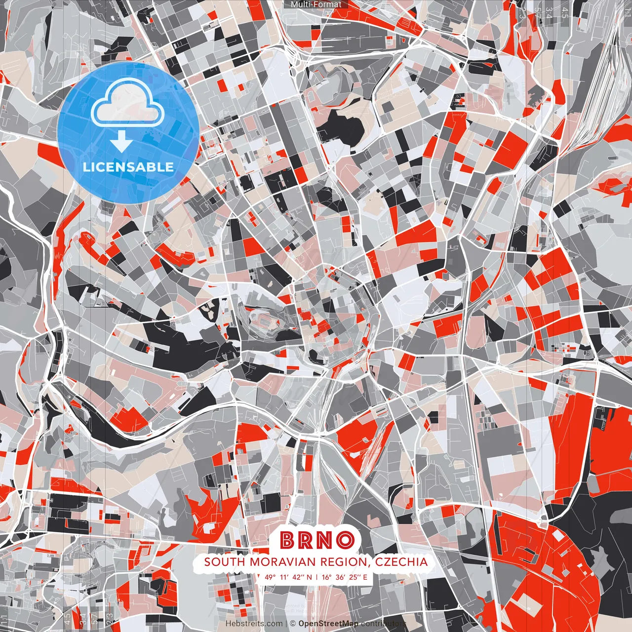 Brno, South Moravian Region, Czechia - modern street map poster template with gray and red tones