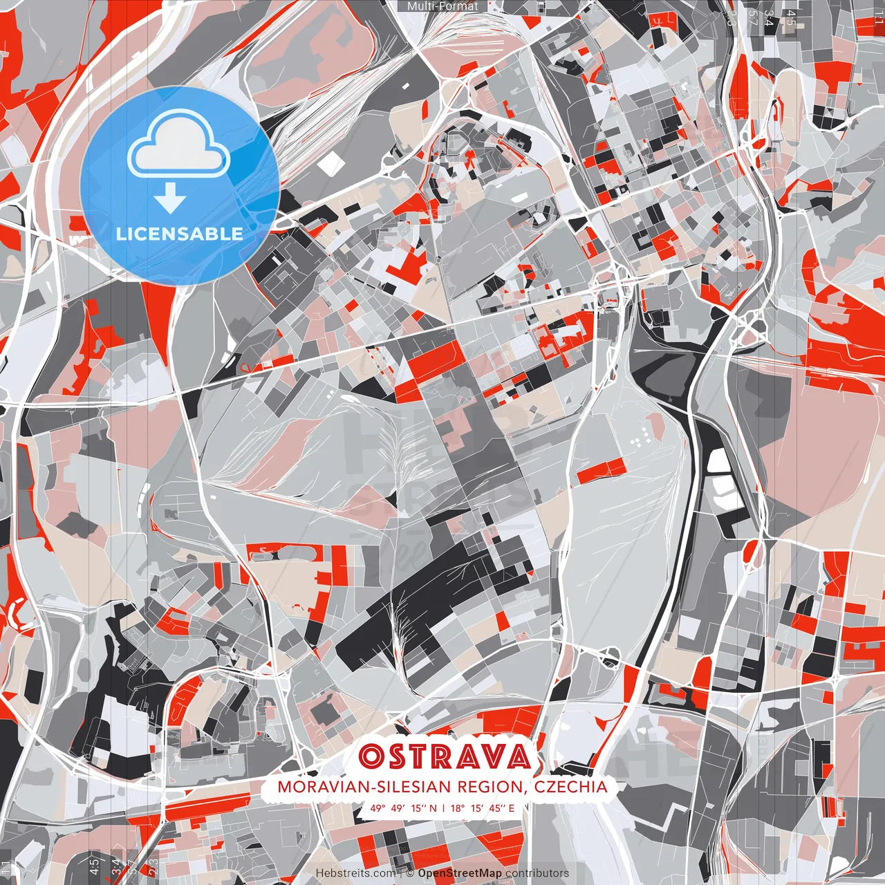 Ostrava, Moravian-Silesian Region, Czechia - modern street map poster template with gray and red tones