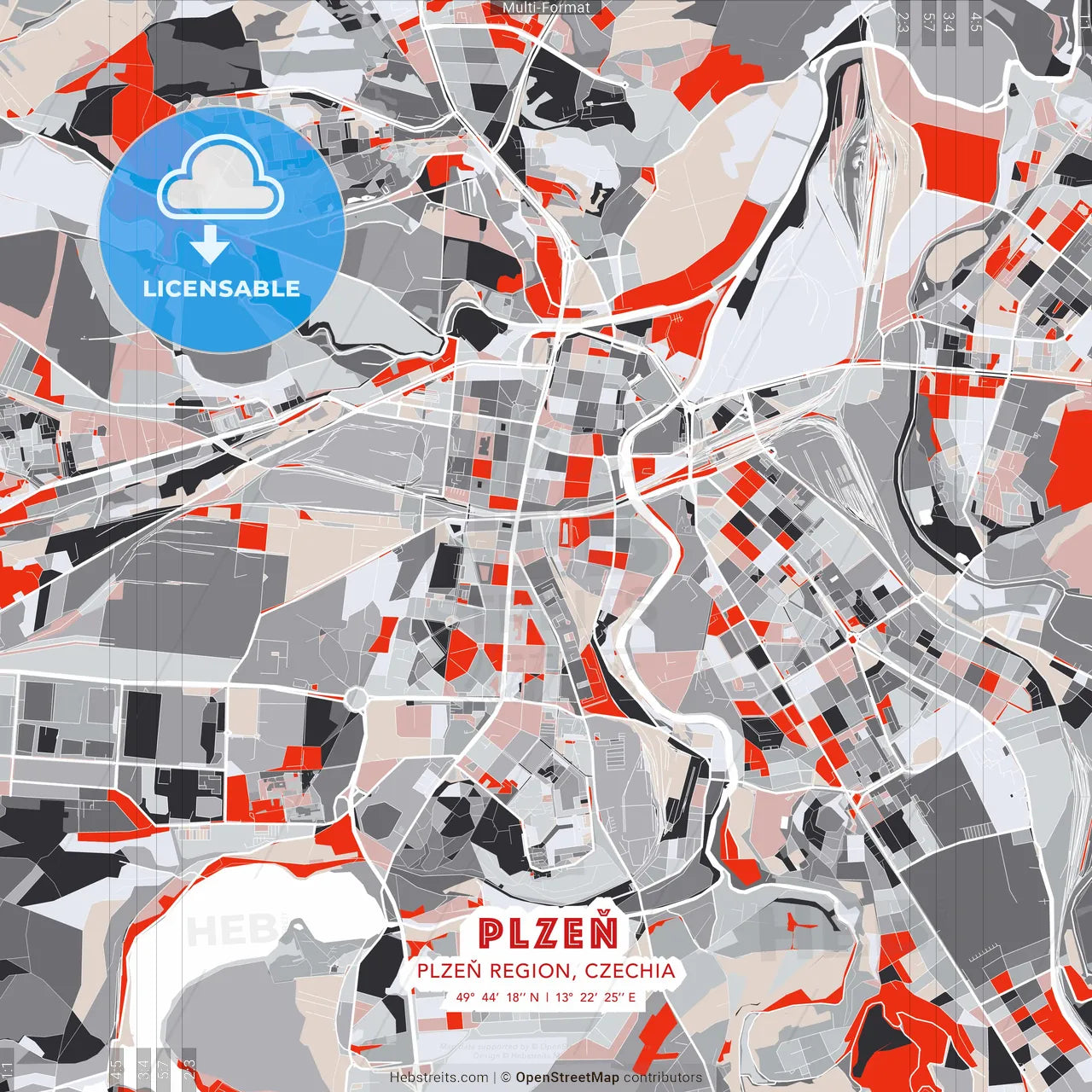 Plzeň, Plzeň Region, Czechia - modern street map poster template with gray and red tones