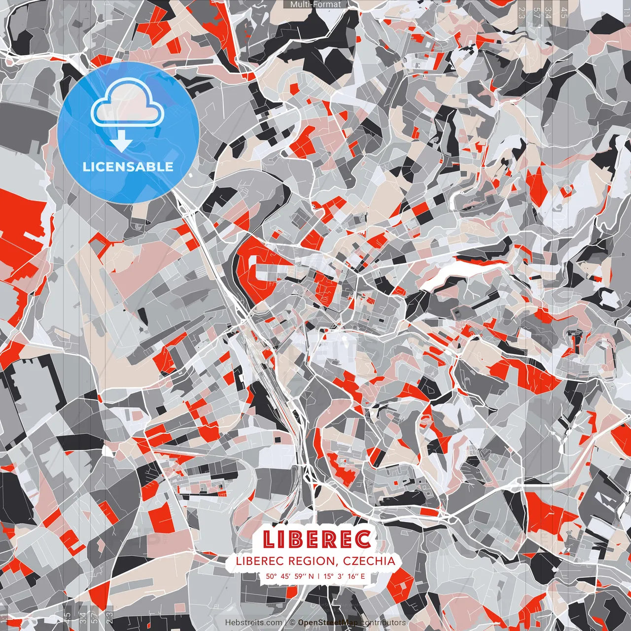 Liberec, Liberec Region, Czechia - modern street map poster template with gray and red tones
