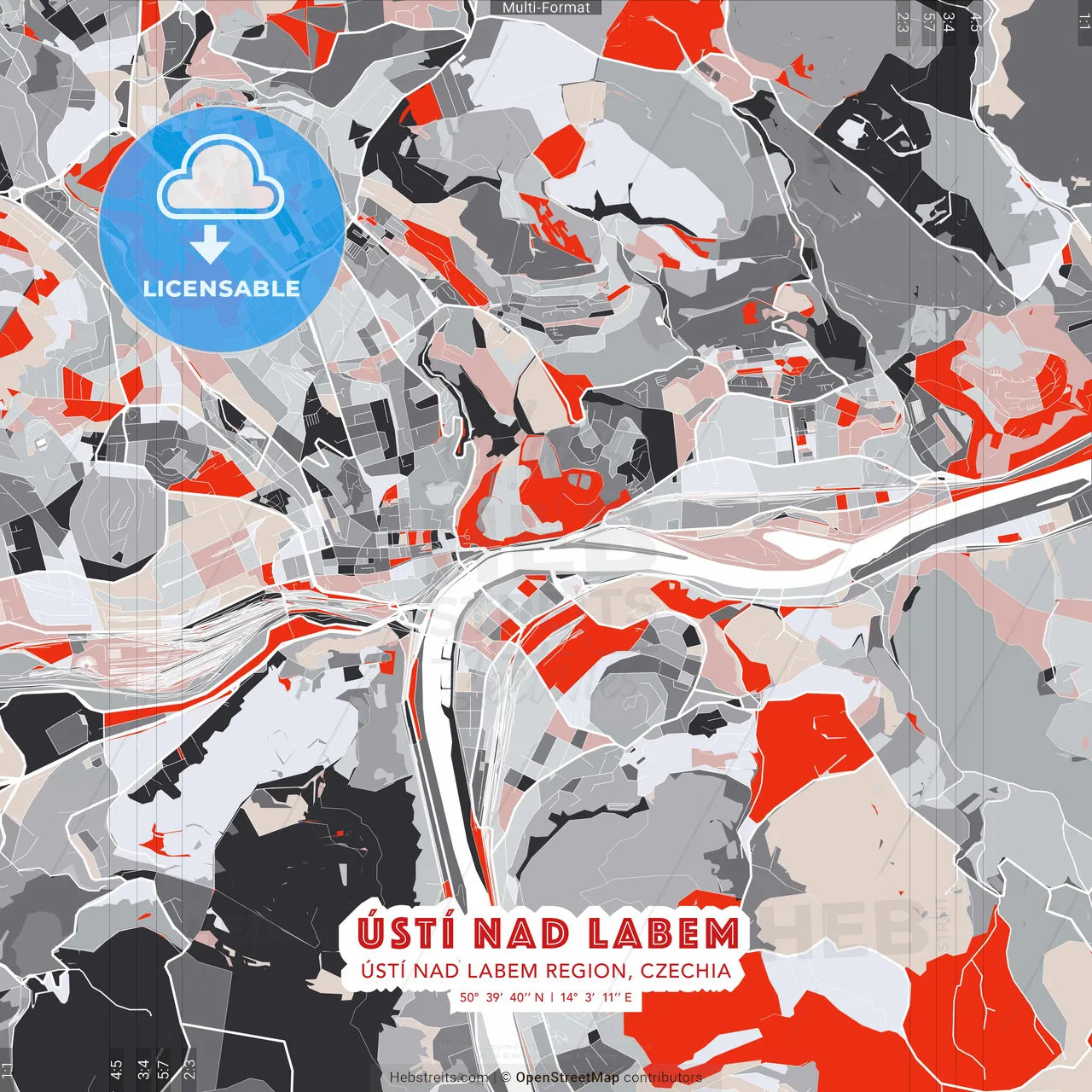 Ústí nad Labem, Ústí nad Labem Region, Czechia - modern street map poster template with gray and red tones
