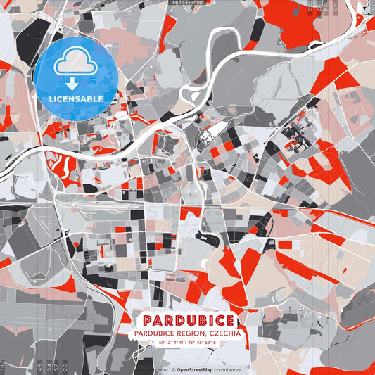 Pardubice, Pardubice Region, Czechia - modern street map poster template with gray and red tones
