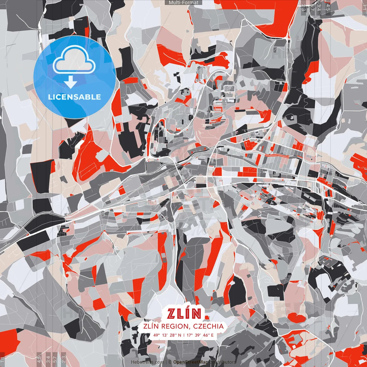 Zlín, Zlín Region, Czechia - modern street map poster template with gray and red tones