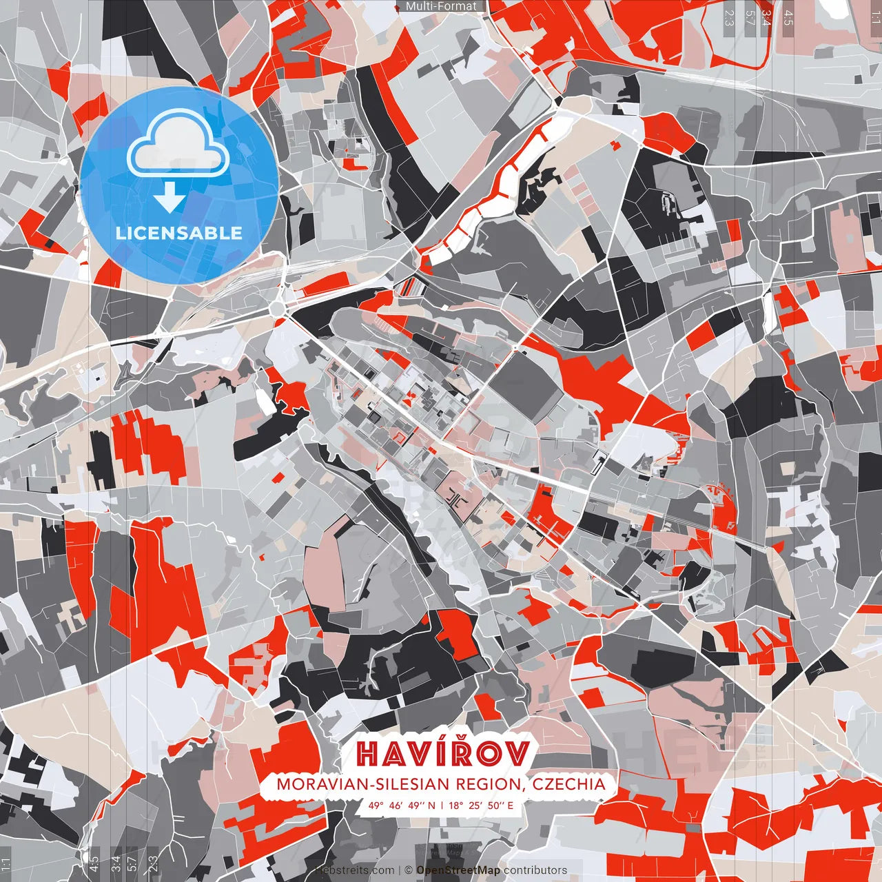 Havířov, Moravian-Silesian Region, Czechia - modern street map poster template with gray and red tones