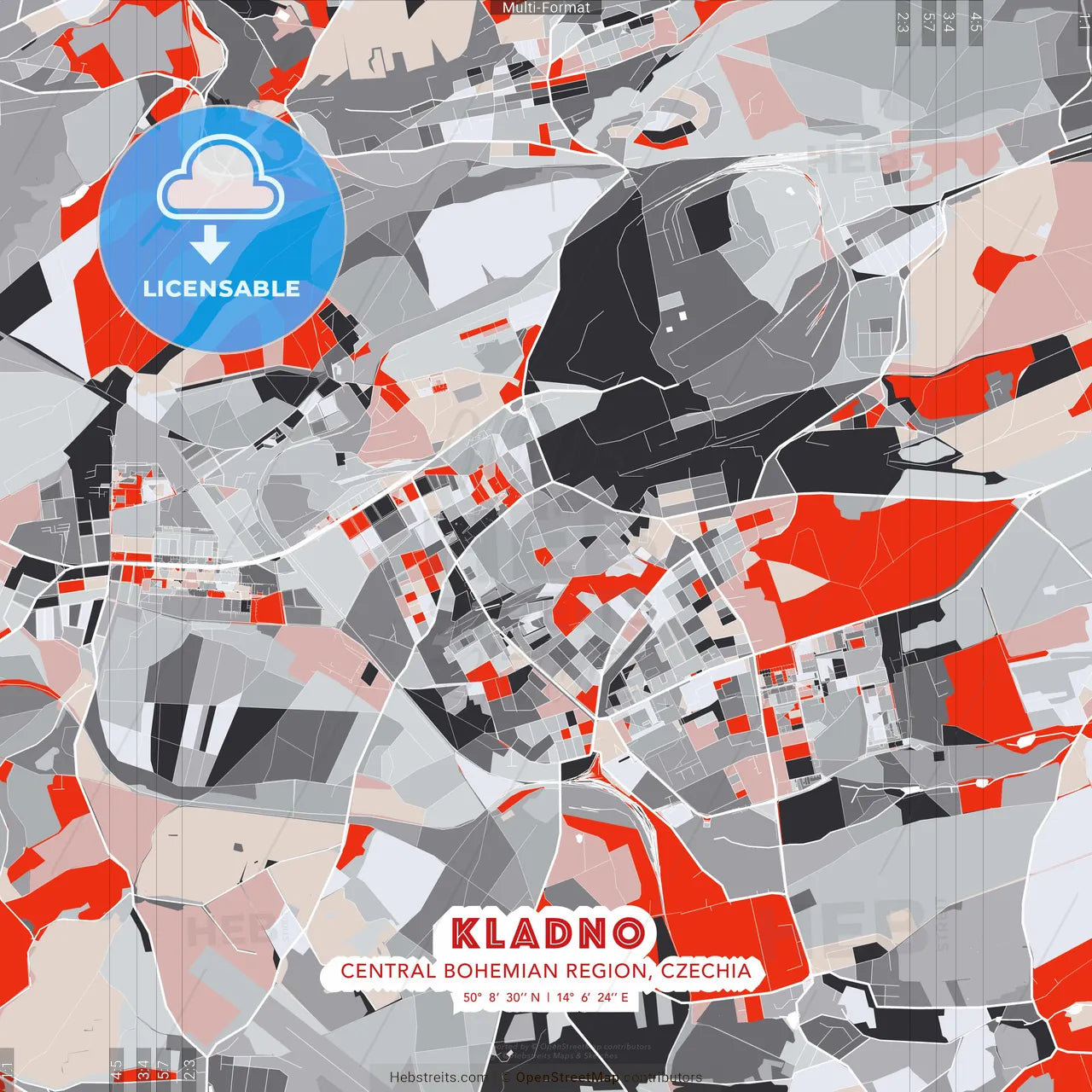 Kladno, Central Bohemian Region, Czechia - modern street map poster template with gray and red tones