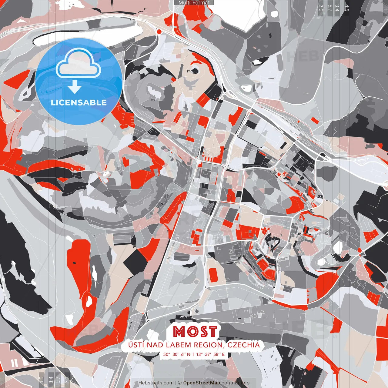 Most, Ústí nad Labem Region, Czechia - modern street map poster template with gray and red tones