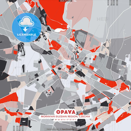 Opava, Moravian-Silesian Region, Czechia - modern street map poster template with gray and red tones