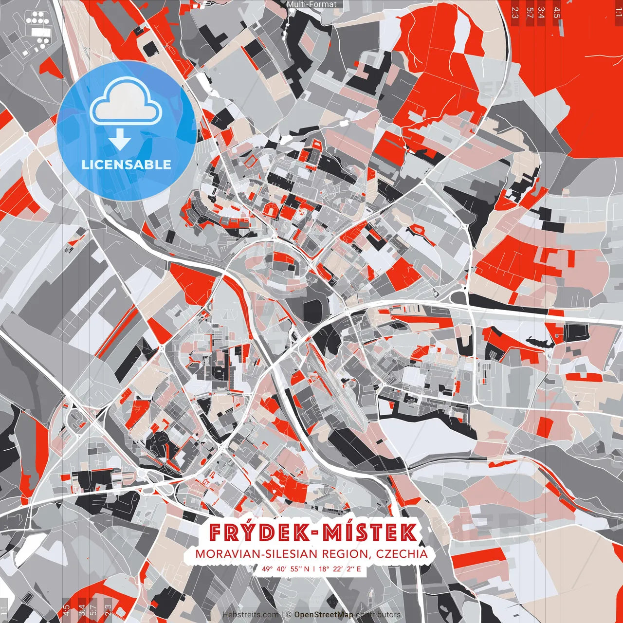 Frýdek-Místek, Moravian-Silesian Region, Czechia - modern street map poster template with gray and red tones