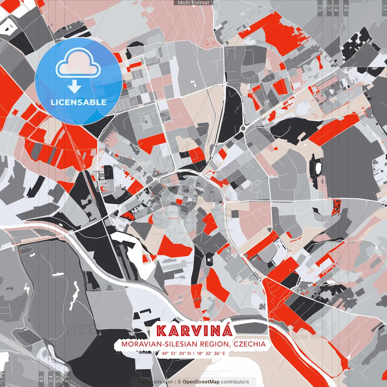 Karviná, Moravian-Silesian Region, Czechia - modern street map poster template with gray and red tones
