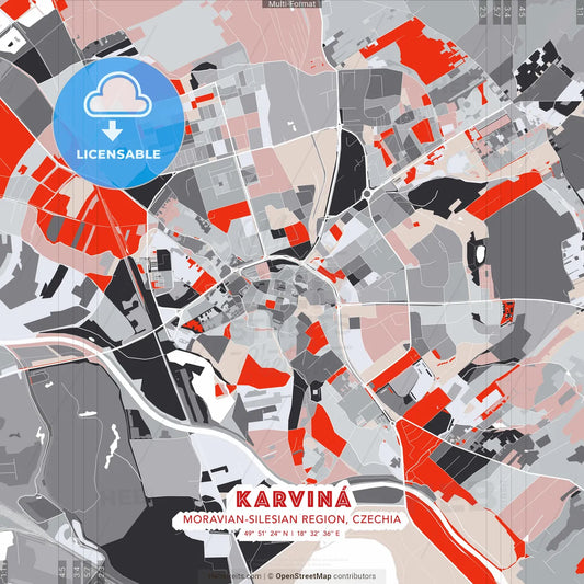 Karviná, Moravian-Silesian Region, Czechia - modern street map poster template with gray and red tones