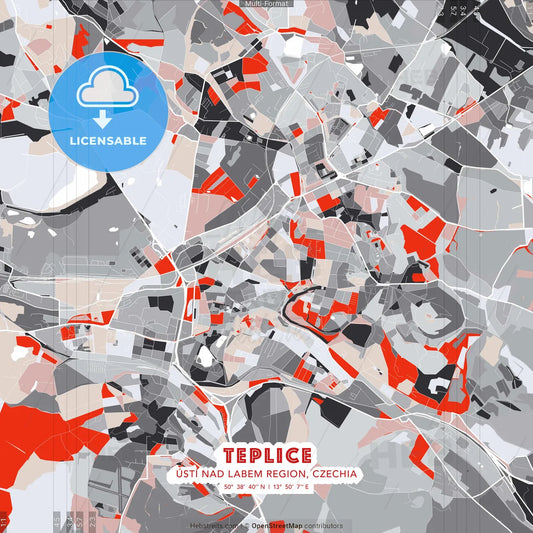 Teplice, Ústí nad Labem Region, Czechia - modern street map poster template with gray and red tones