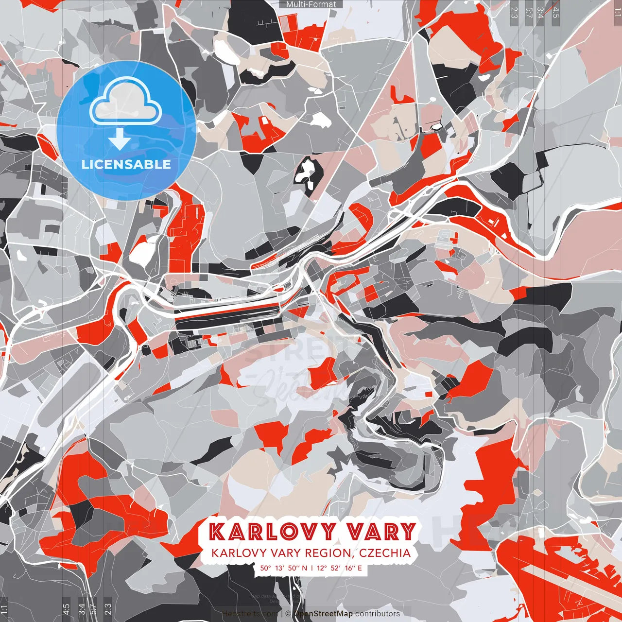 Karlovy Vary, Karlovy Vary Region, Czechia - modern street map poster template with gray and red tones