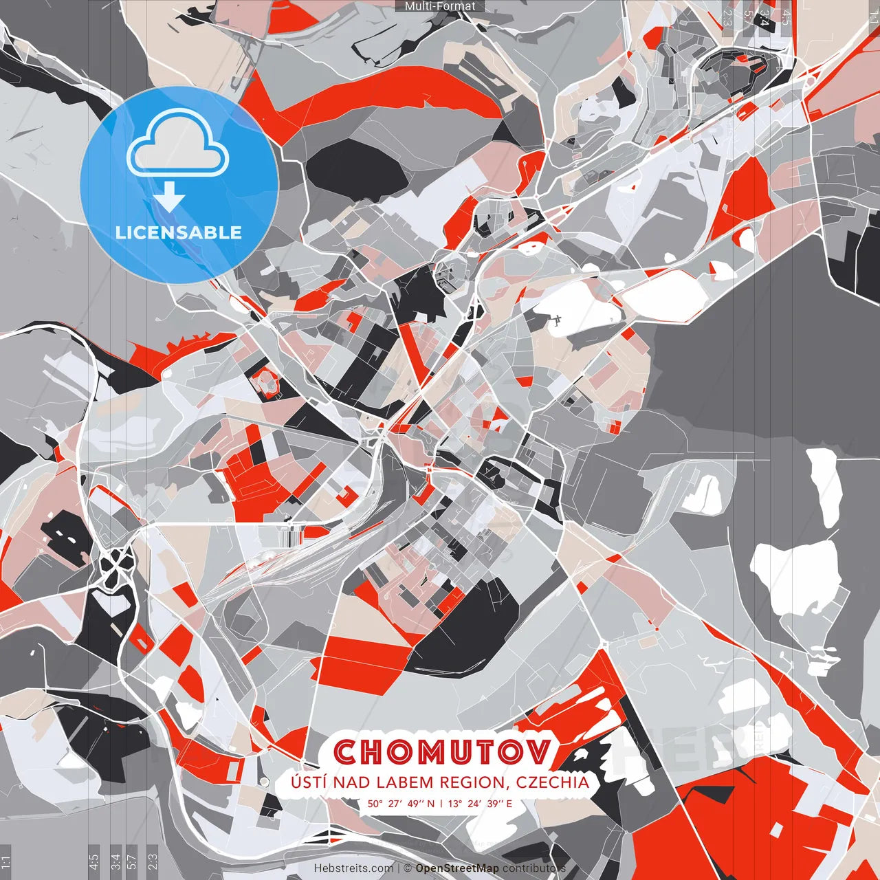 Chomutov, Ústí nad Labem Region, Czechia - modern street map poster template with gray and red tones