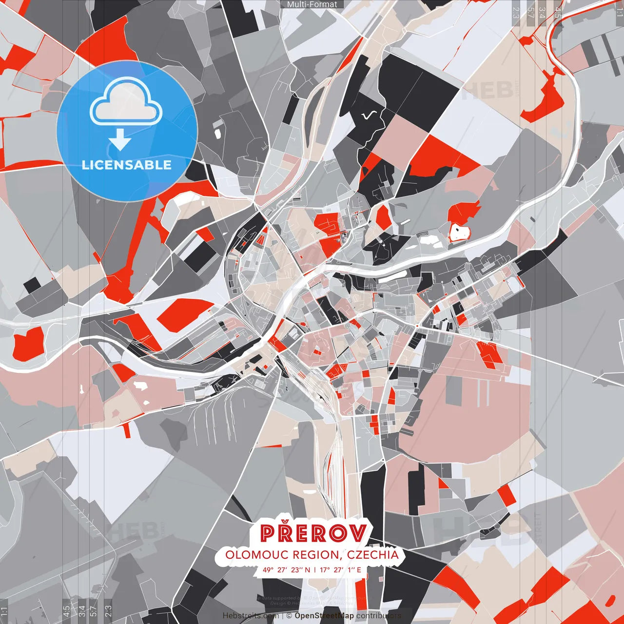 Přerov, Olomouc Region, Czechia - modern street map poster template with gray and red tones