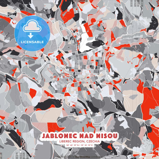 Jablonec nad Nisou, Liberec Region, Czechia - modern street map poster template with gray and red tones