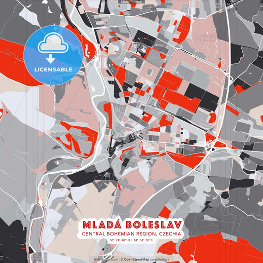 Mladá Boleslav, Central Bohemian Region, Czechia - modern street map poster template with gray and red tones