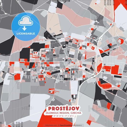Prostějov, Olomouc Region, Czechia - modern street map poster template with gray and red tones