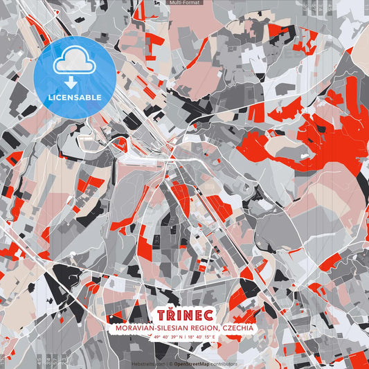 Třinec, Moravian-Silesian Region, Czechia - modern street map poster template with gray and red tones