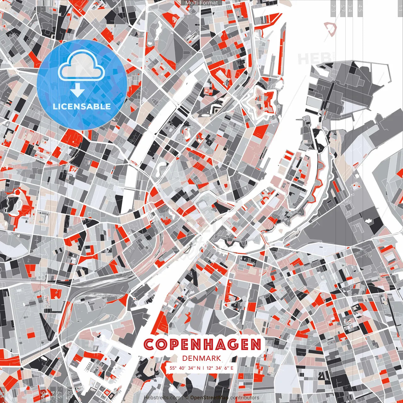 Copenhagen, Denmark - modern street map poster template with gray and red tones
