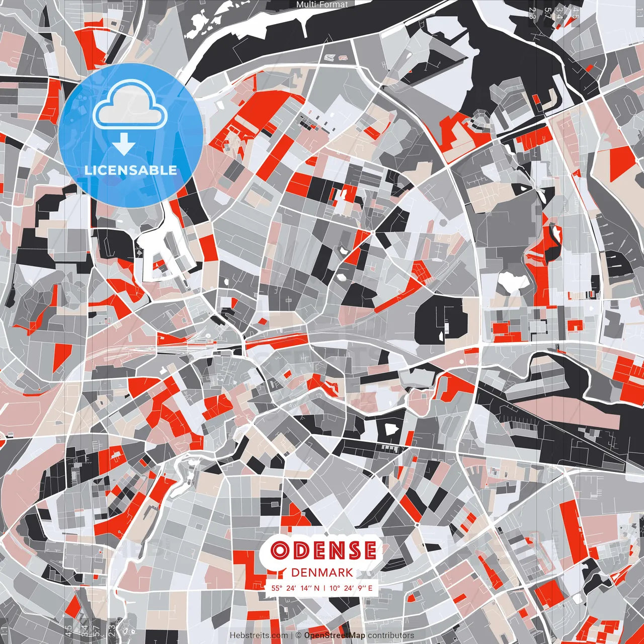 Odense, Denmark - modern street map poster template with gray and red tones