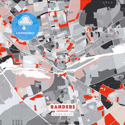 Randers, Denmark - modern street map poster template with gray and red tones