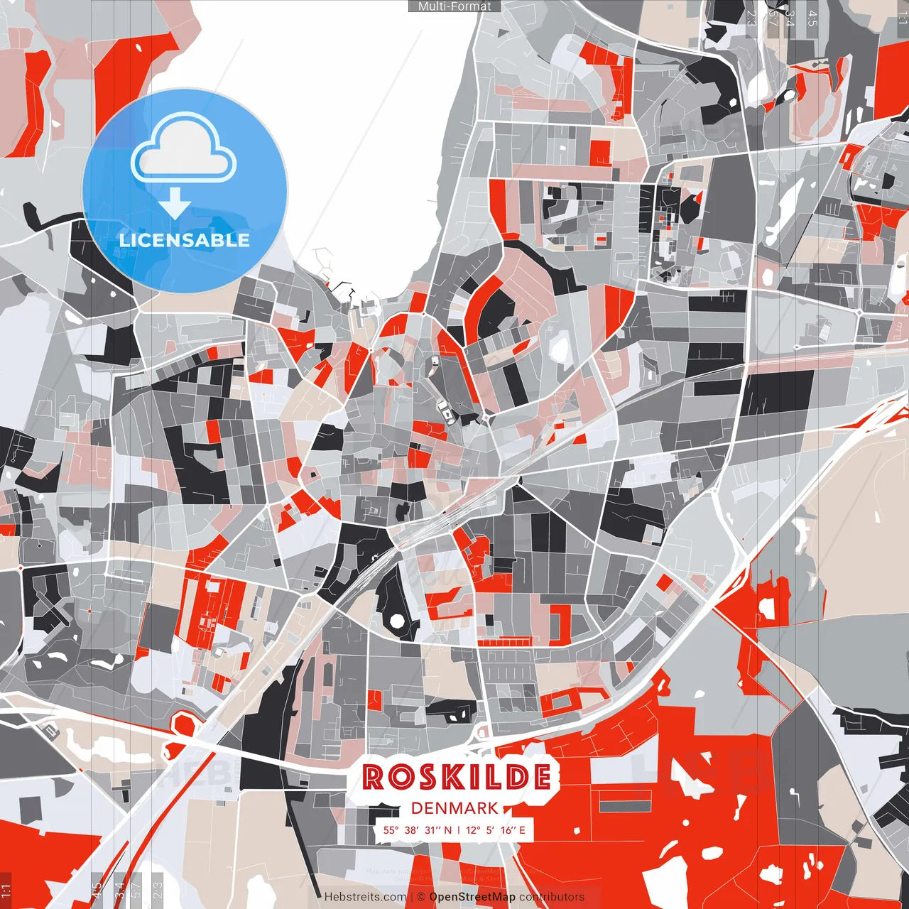 Roskilde, Denmark - modern street map poster template with gray and red tones