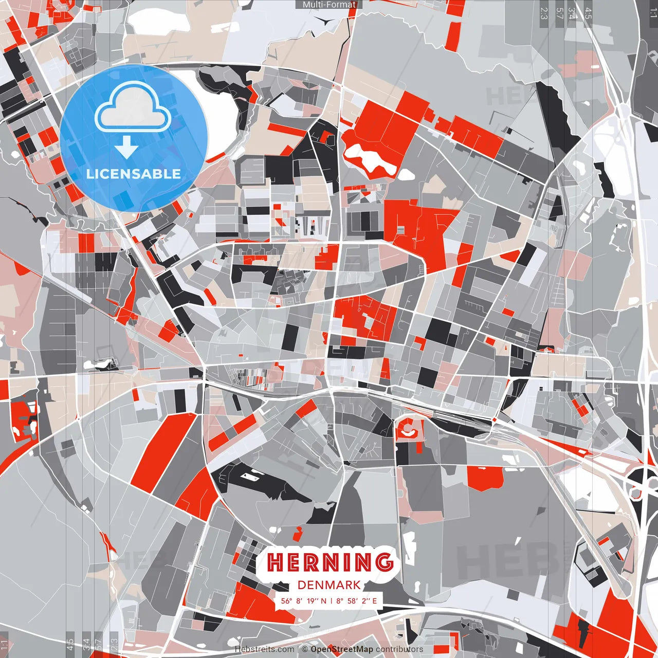 Herning, Denmark - modern street map poster template with gray and red tones