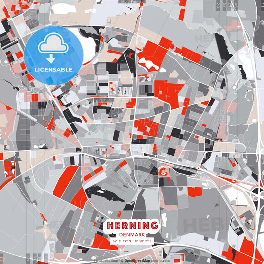 Herning, Denmark - modern street map poster template with gray and red tones