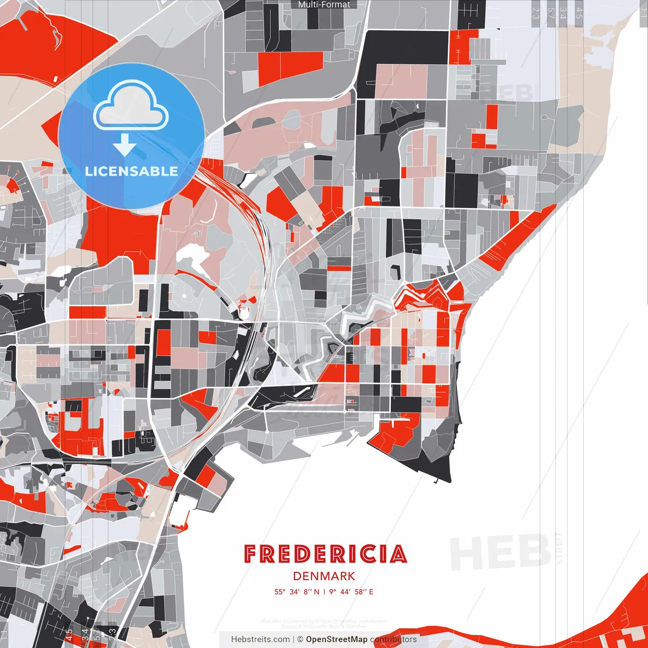 Fredericia, Denmark - modern street map poster template with gray and red tones