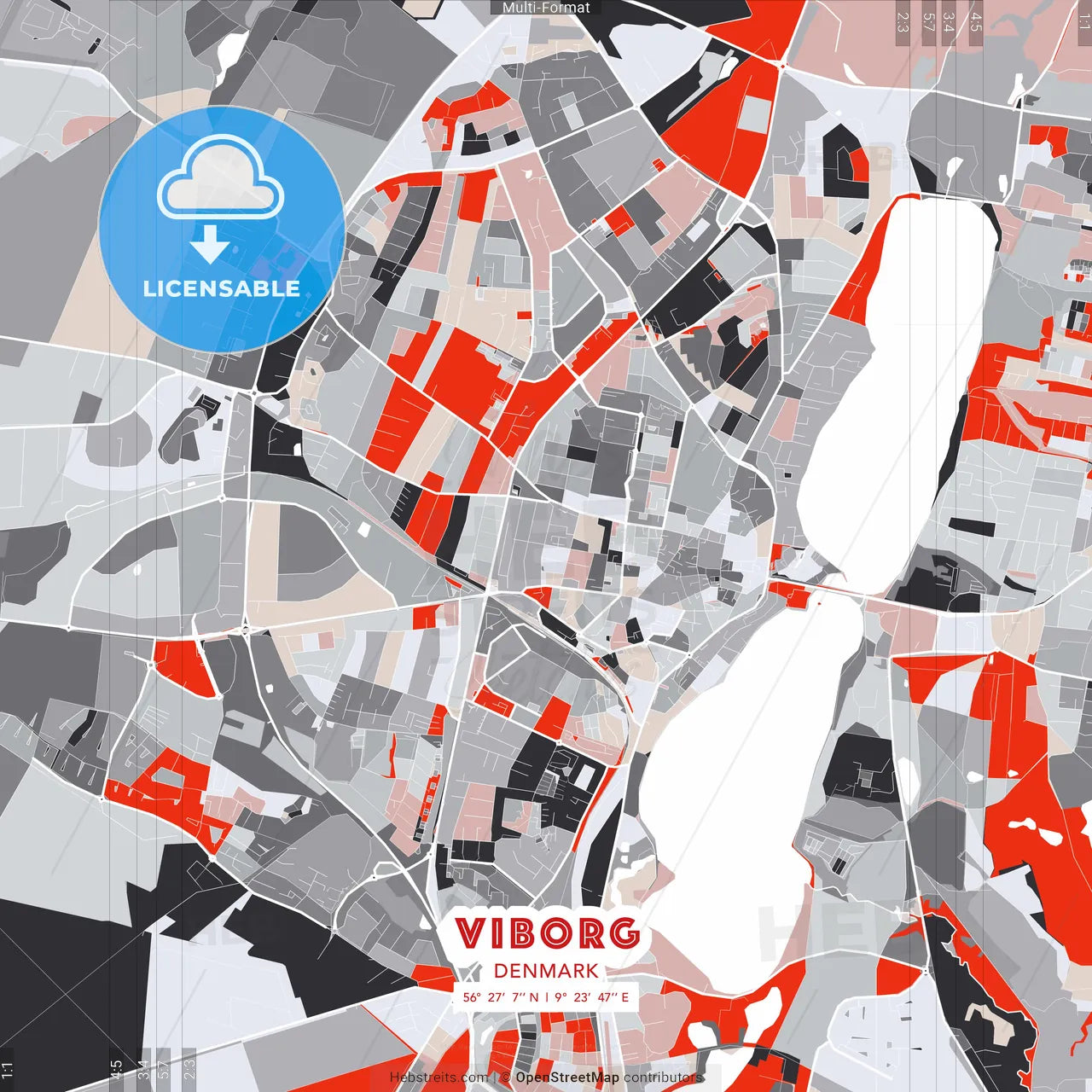 Viborg, Denmark - modern street map poster template with gray and red tones