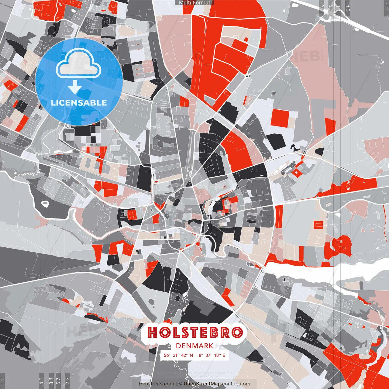 Holstebro, Denmark - modern street map poster template with gray and red tones