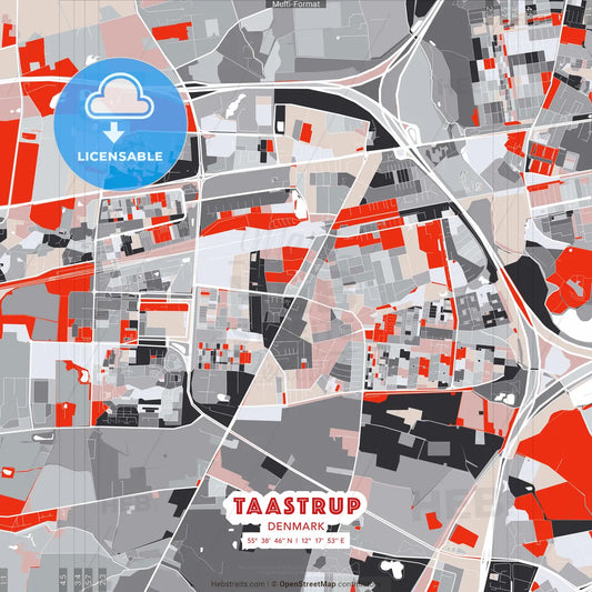 Taastrup, Denmark - modern street map poster template with gray and red tones