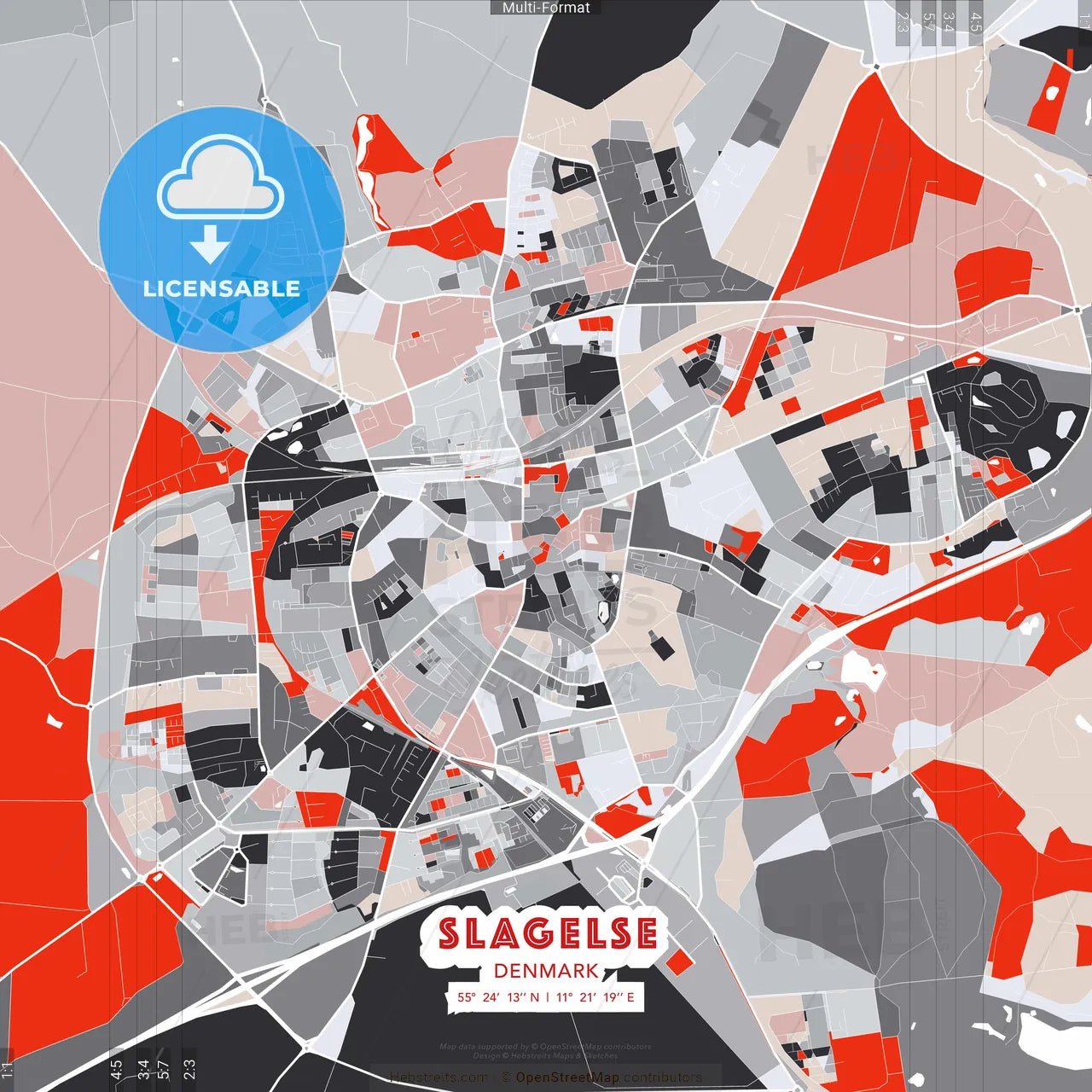 Slagelse, Denmark - modern street map poster template with gray and red tones