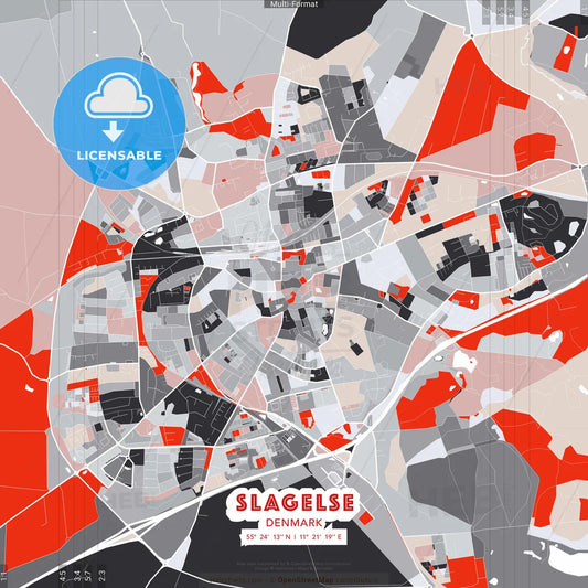 Slagelse, Denmark - modern street map poster template with gray and red tones