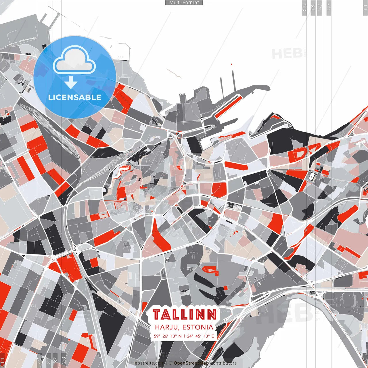 Tallinn, Harju, Estonia - modern street map poster template with gray and red tones