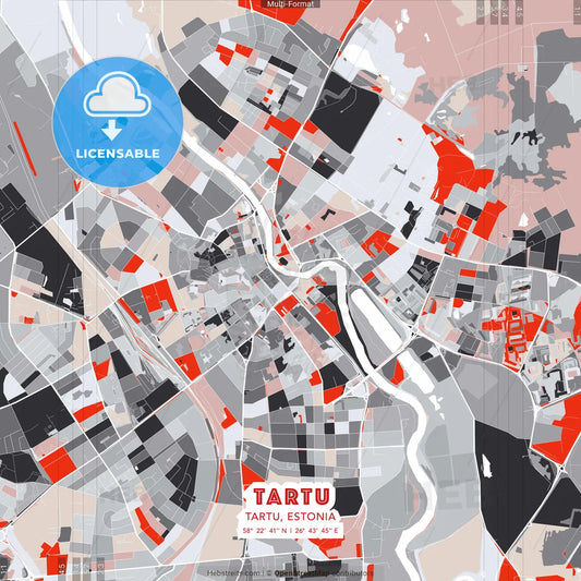 Tartu, Tartu, Estonia - modern street map poster template with gray and red tones
