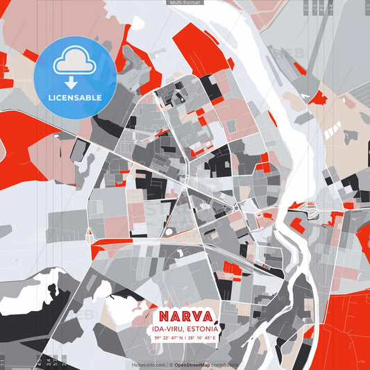 Narva, Ida-Viru, Estonia - modern street map poster template with gray and red tones