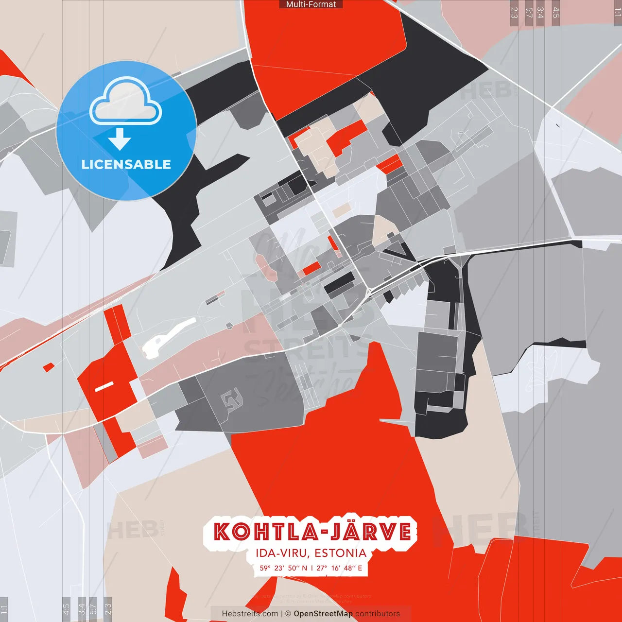 Kohtla-Järve, Ida-Viru, Estonia - modern street map poster template with gray and red tones