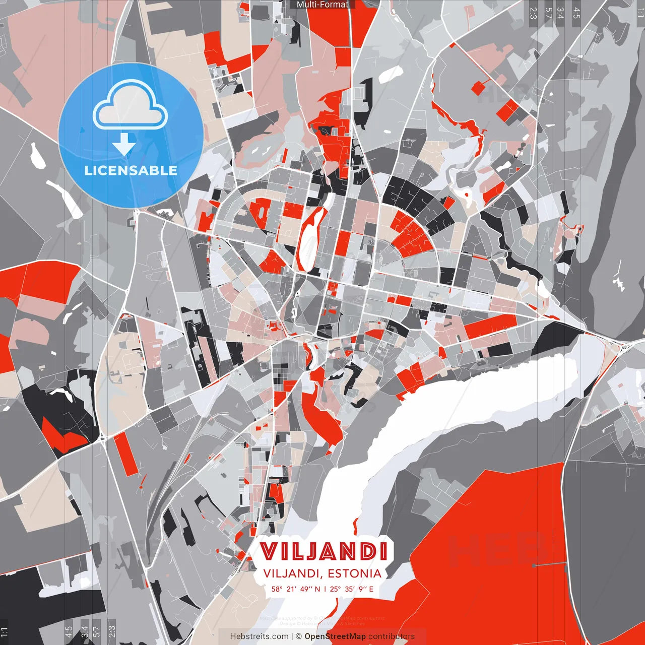 Viljandi, Viljandi, Estonia - modern street map poster template with gray and red tones