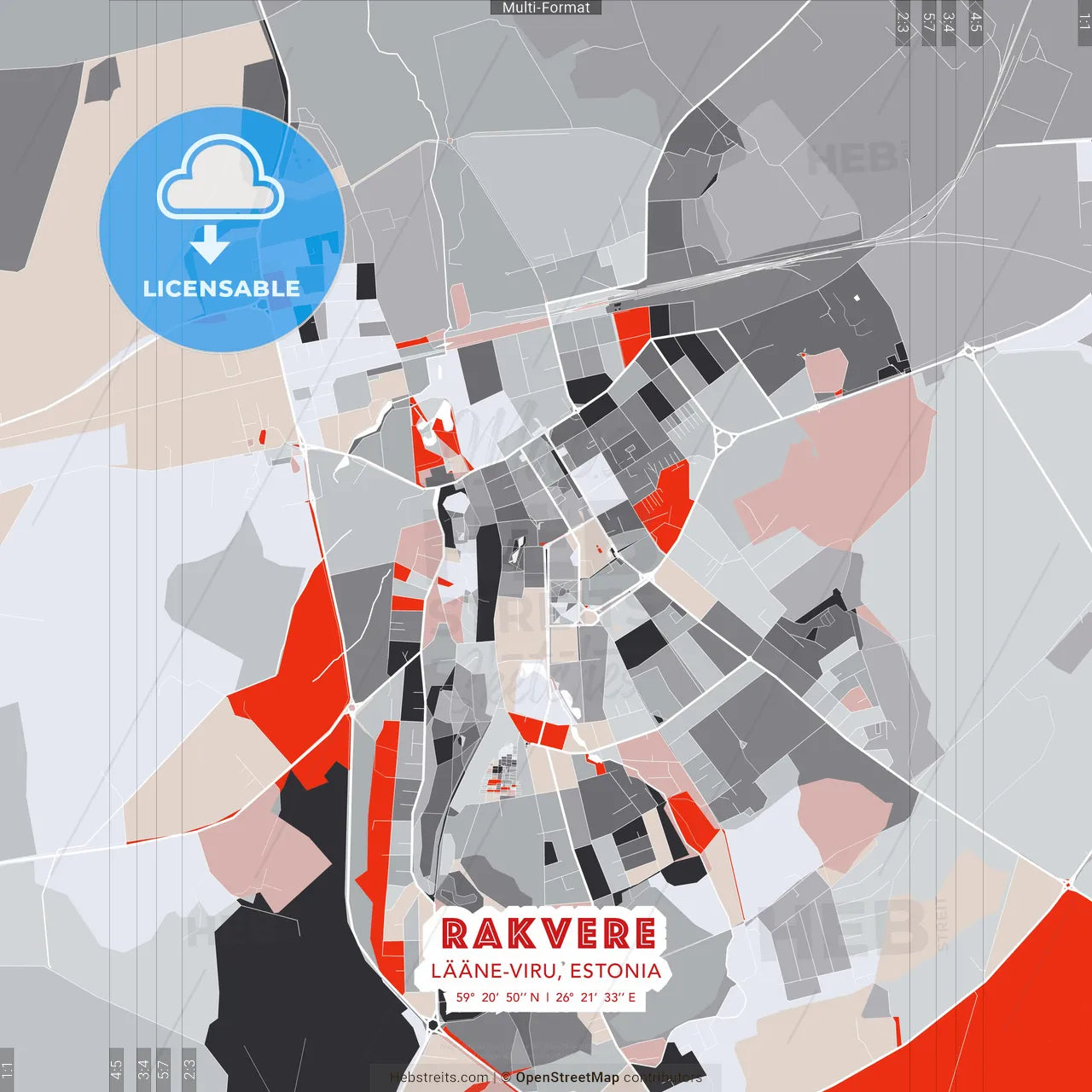 Rakvere, Lääne-Viru, Estonia - modern street map poster template with gray and red tones